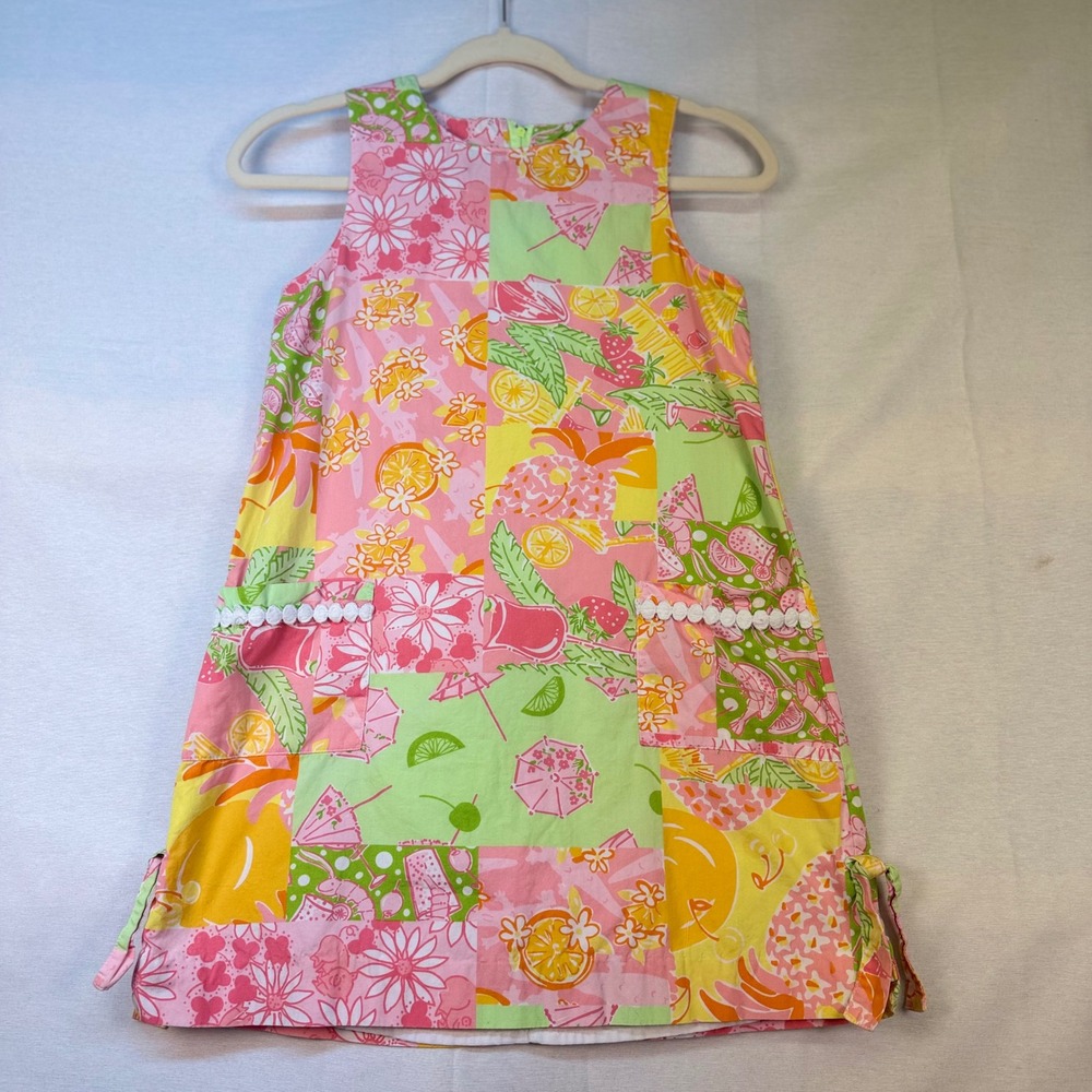 Lilly Pulitzer Kids Pink Green Patchwork Tropical Fruit Shift Dress Size 10